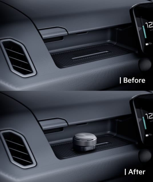 Armaturenbrett-Ansicht mit und ohne montiertem Duftspender am AddGear
